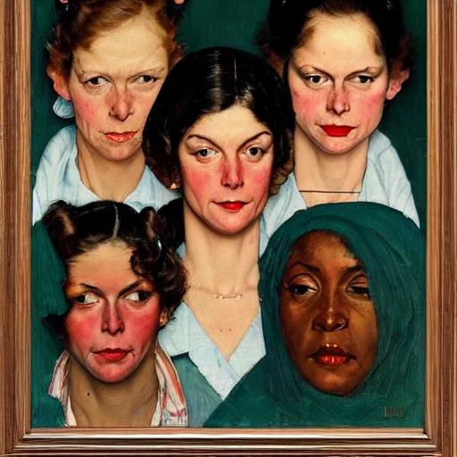 Prompt: Frontal portrait of a gang of semi-sentient women. Painting by Norman Rockwell.