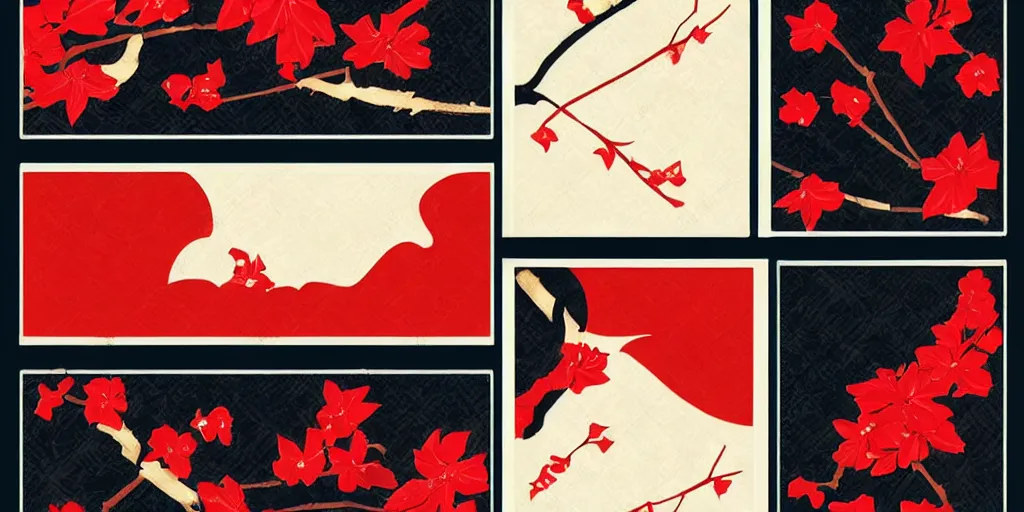 Prompt: hanafuda, four cards for january set, trending on behance, concept art, stunning, matte