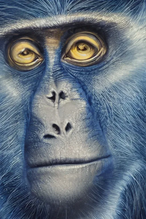 Prompt: blue monkey lying on his back looking up at the stars, oil on canvas, intricate, portrait, 8 k highly professionally detailed, hdr, cgsociety