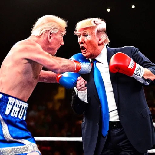 Prompt: live photograph footage of donald trump having a boxing match against joe biden