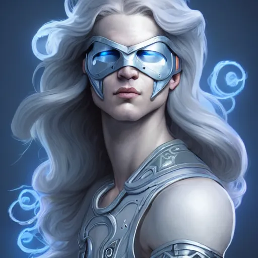 Prompt: cyclops fighter, white grey blue color palette, male, d & d, fantasy, intricate, elegant, highly detailed, long silver hair, digital painting, artstation, octane render, concept art, matte, sharp focus, illustration, hearthstone, art by artgerm, alphonse mucha johannes voss