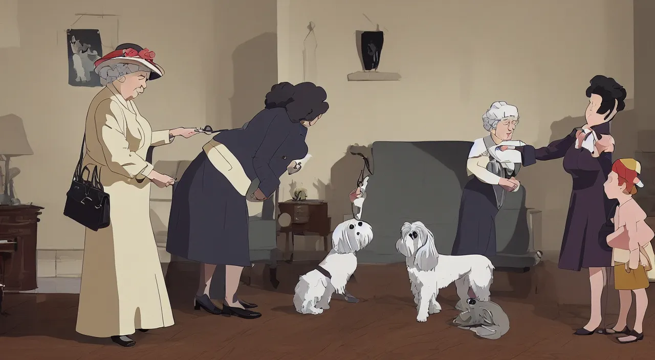 Image similar to queen of england placing a medal on the neck of a cream - colored havanese dog, england, 1 9 0 0, tartakovsky, atey ghailan, goro fujita, studio ghibli, rim light, happy, warm lighting, clear focus, very coherent