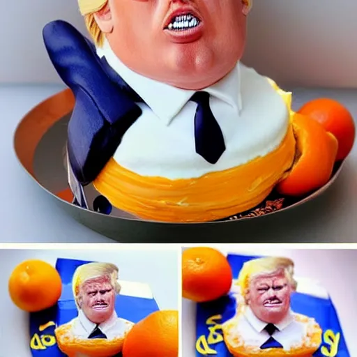 Image similar to edible donald trump made step by step : 1. lemon skin for hair 2. cake and orange pieces for the face 3. blueberries and whipped cream for the suit, from the beautiful'food art collection ', dslr