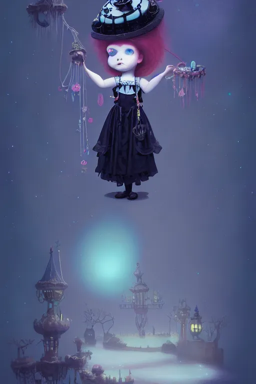 Image similar to a surreal Bioluminescent, very very very cute gothic lolita in a happy world by Daniel Merriam, Trending on Artstation, oil on Canvas by Elena Zhurikhina and Goro Fujita and Charlie Bowater, octane render, 4k, 8k, HD