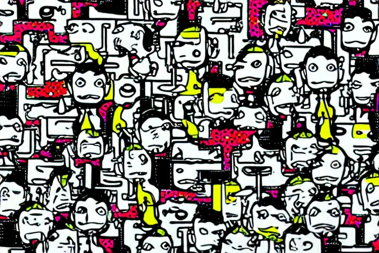 Image similar to futuristic cute mr bean grey goblins by roy lichtenstein, by andy warhol, ben - day dots, pop art, bladerunner, pixiv contest winner, cyberpunk style, vivid color scheme, high resolution, hd, intricate detail, fine detail, 8 k