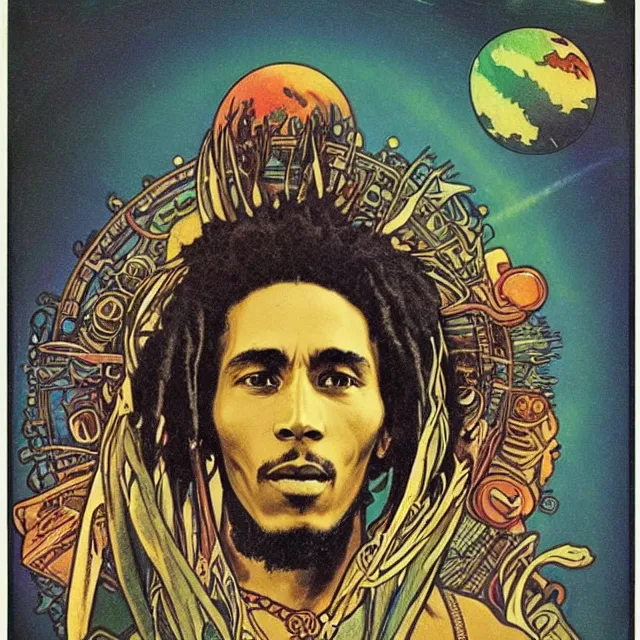 Image similar to polaroid of a vintage record cover by Franklin Booth showing a portrait of Bob Marley as a futuristic space shaman, Alphonse Mucha background, psychedelic art, Reggae, Jamaica, star map, smoke, sciFi