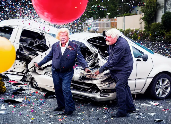 Image similar to photo still of rip taylor at a car accident scene!!!!!!!! at age 5 4 years old 5 4 years of age!!!!!!! throwing confetti from a bucket, 8 k, 8 5 mm f 1. 8, studio lighting, rim light, right side key light