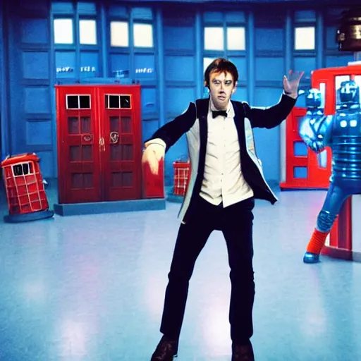 Image similar to promotional image of an action shot of David Tennant as Doctor Who at a polka dancing contest at the YMCA basketball gym, around the gym cybermen and daleks and captain jack are clapping, in the background the Tardis door is wide open, frenetic, quirky, movie still, promotional image, imax 70 mm footage, HDR, 8K, 4K, ultrarealistic, photorealistic