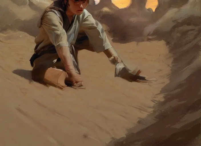 Prompt: a highly detailed beautiful portrait of 2 0 years old anakin skywalker hissing at sand, by gregory manchess, james gurney, james jean