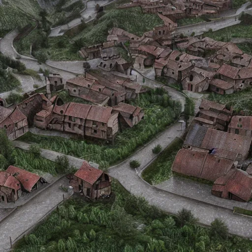 Prompt: the center of a poor medieval town under heavy rain at late dawn, in a valley, surrounded by mountains, highly detailed, octane render, hyper realistic, ultra detailed cinematic, 8 k, photorealistic, widescreen, hd, hyper realism