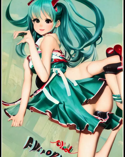 Image similar to Hatsune Miku full body pin up modeling in idol unioform, with a park in the back ground, post war style, detailed face, american postcard art style, by Gil Elvgren and Julie Bell