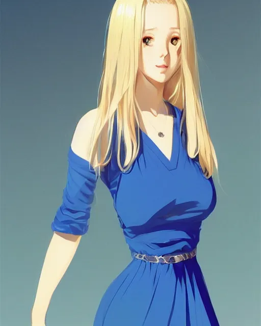 Prompt: infinitely detailed full - body portrait pale female beautiful blonde haired woman with sparkling blue eyes. wearing blue dress, beautiful! scenery art! by wlop & murata range, by ilya kuvshinov. artstation!! / pixiv!!