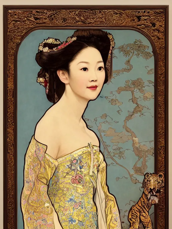 Image similar to an art nouveau head and shoulders portrait oil painting of a pretty young zhang ziyi, dressed in a traditional, modest chinese intricately embroidered silk gown with a high collar, in front of a carved screen showing a tiger and a dragon, intricate, detailed, smooth, complex, elaborate, by alphonse mucha and james gurney and john william waterhouse