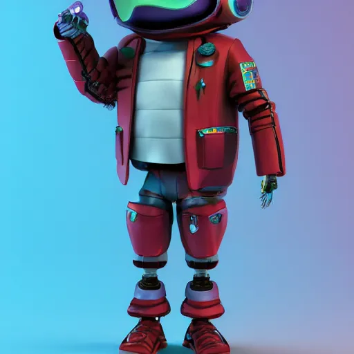 Prompt: kid robot with purple jacket design by fabricio campos and lidia morales, character modeling, toy design, substance 3 d painter, blender, mental ray, zbrush, stylized, portrait, studio photo, 7 0 mm lens, trending in behance