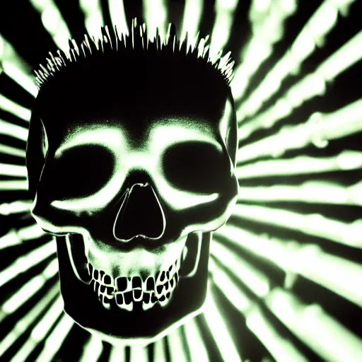 Image similar to a low poly disco skull full of long spikes, reflecting light in a nightclub, grainy film photograph