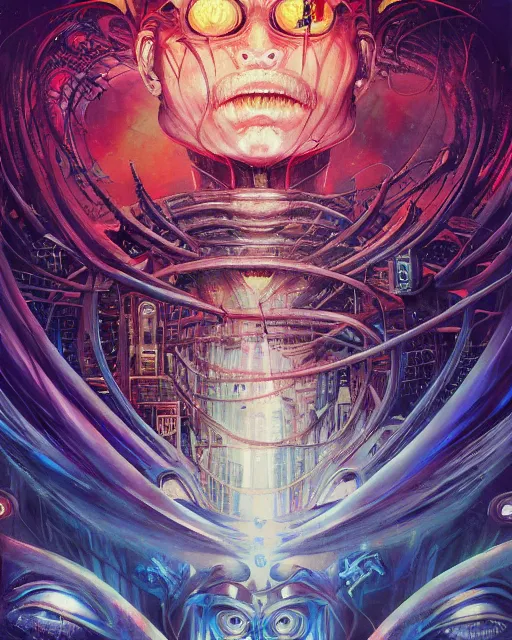 Image similar to neo tokyo arrives from the future, by antonio j. manzanedo, giger, alex grey, android jones, wayne barlowe, philippe druillet, raymond swanland, cyril rolando, josephine wall, harumi hironaka, trending on artstation