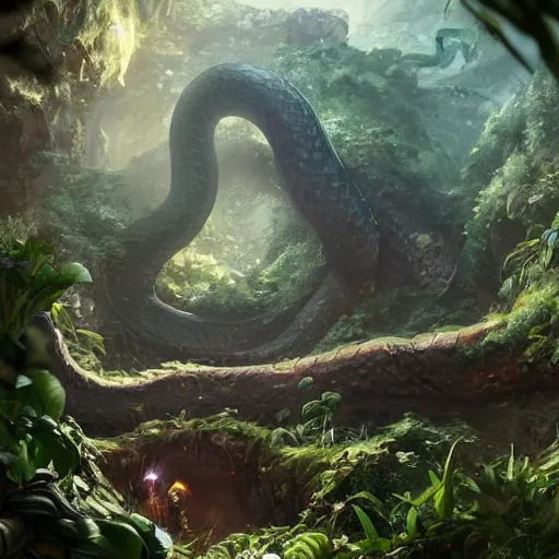 Image similar to Giant snake resting in a cave, natural light, lush plants and flowers, elegant, intricate, fantasy, atmospheric lighting, by Greg rutkowski, league of legends splash art