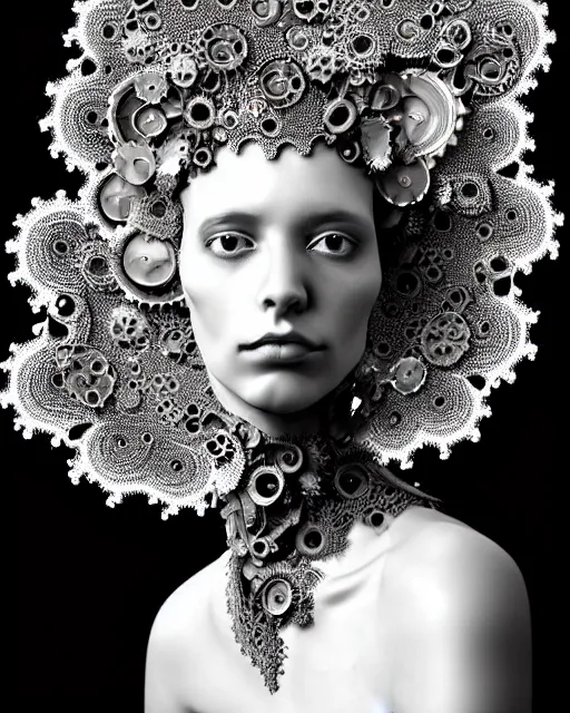 Image similar to surreal black and white photo portrait of complex bio-mechanical beautiful young female vegetal-cyborg with a Mandelbrot fractal metal fine lace face, curled silver hair, 150 mm lens, soft rim light, fine metal floral foliage super big lace collar by Alexander McQueen, high fashion, haute couture, rococo, steampunk, silver filigree details, anatomical, facial muscles, cable wires, microchip, elegant, hyper realistic, octane render, unreal engine, volumetric lighting, 8k,