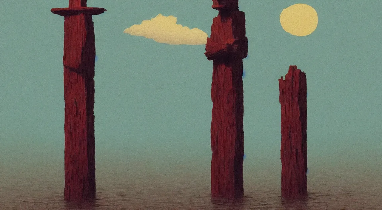 Prompt: single flooded simple wooden totem, very coherent and colorful high contrast!! masterpiece by rene magritte simon stalenhag carl spitzweg syd mead norman rockwell edward hopper james gilleard, minimalist, dark shadows, sunny day, hard lighting