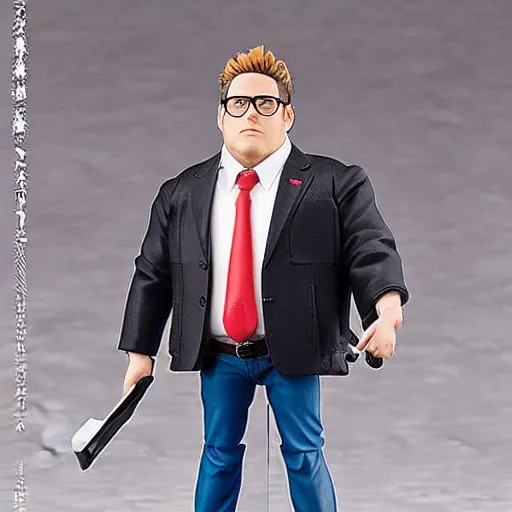 Image similar to Jonah Hill as a Figma anime figurine. Posable PVC action figurine. Detailed artbreeder face. Full body 12-inch Figma anime statue.