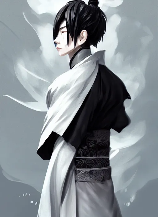 Image similar to a highly detailed illustration of fierce short white haired young japanese man wearing hakama, black sclera eyes, dramatic serious pose, intricate, elegant, highly detailed, centered, digital painting, artstation, concept art, smooth, sharp focus, league of legends concept art, wlop