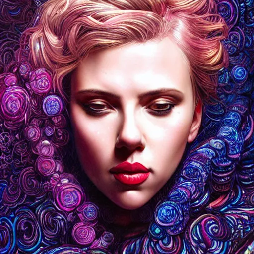 Prompt: portrait of scarlett johansson, hyper detailed masterpiece, neon floral pattern, jean giraud, digital art painting, darkwave goth aesthetic, psychedelic, artgerm, donato giancola and tom bagshaw