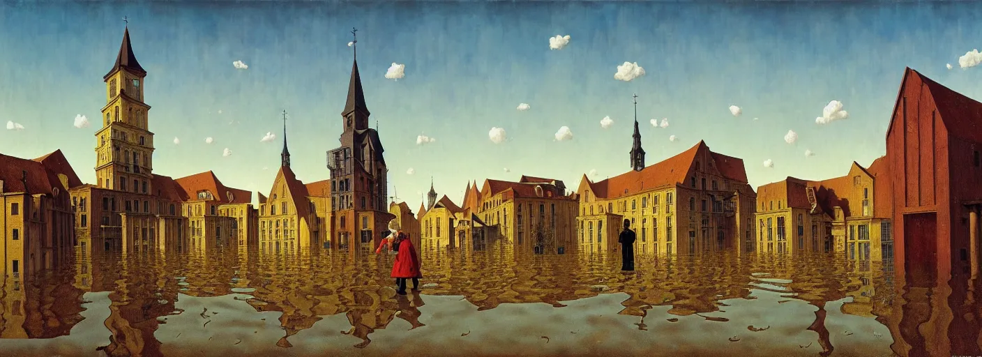 Prompt: flooded! old wooden empty cursed city square, very coherent and colorful high contrast masterpiece by franz sedlacek rene magritte gediminas pranckevicius norman rockwell, full - length view, dark shadows, sunny day, hard lighting, reference sheet white background