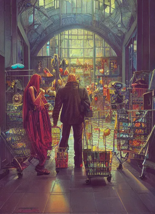 Prompt: dark modern dead shopping mall vintage shapes, retro technology, happy colors dariusz zawadzki, tim hildebrandt, wayne barlow, bruce pennington, larry elmore, oil on canvas, deep depth field, masterpiece, cinematic composition, hyperdetailed