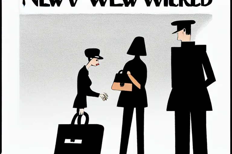 Image similar to tall, security guard checks the bags of a worried looking woman, art in the style of the new yorker, ed koren