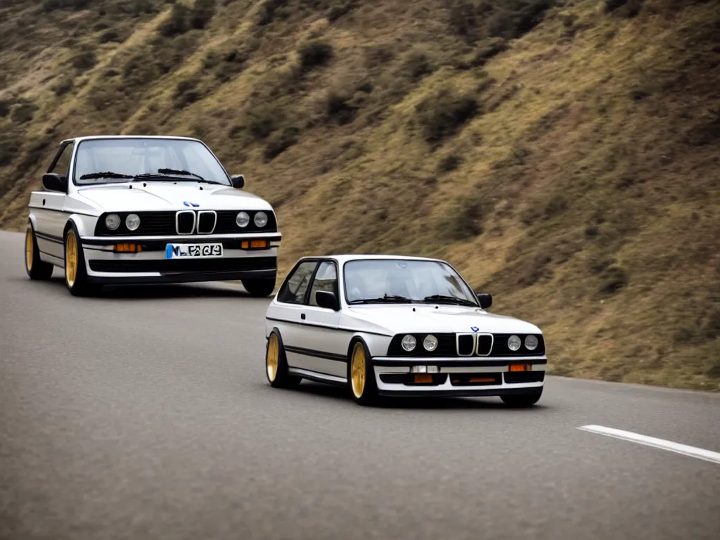 Image similar to a modified bmw e 3 0 with lights on a mountain road, motion blur, 3 5 mm photography, car photography, clean lines, realistic