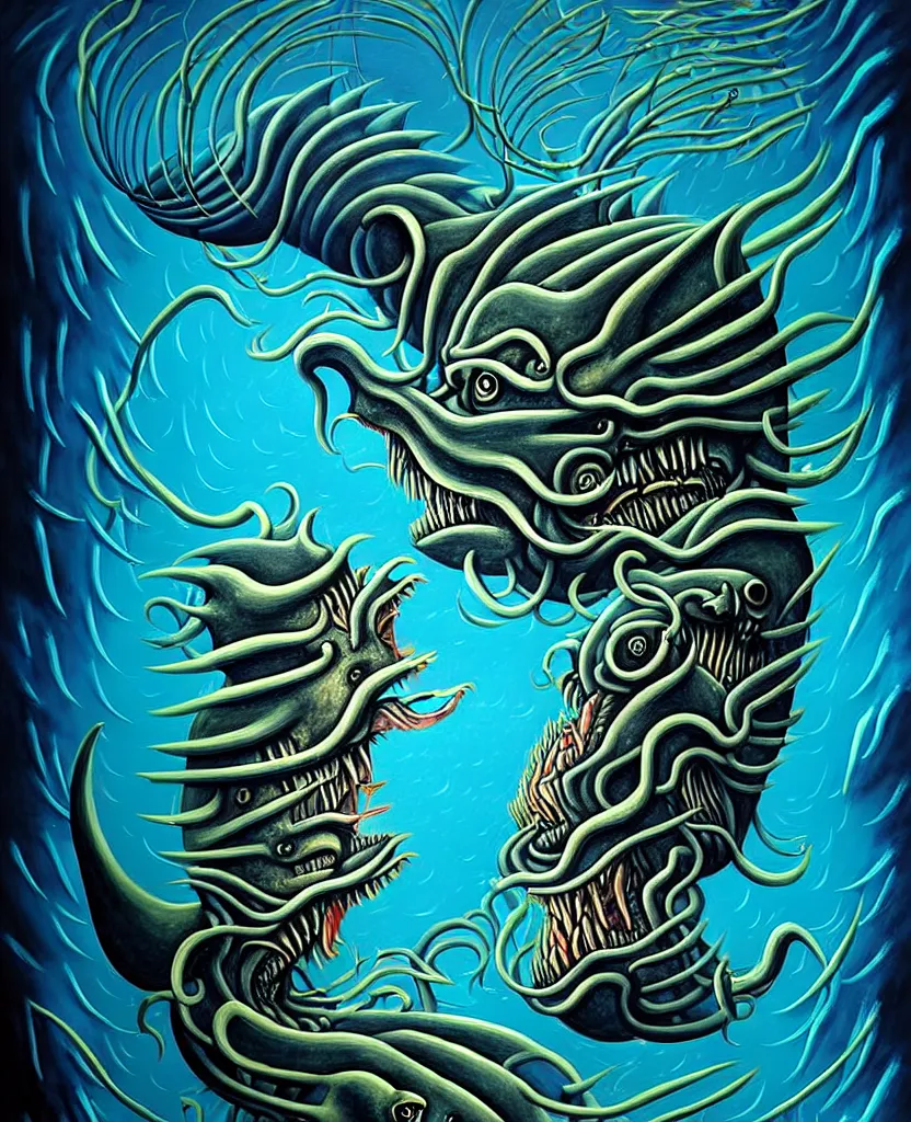 Image similar to mysterious bestiary of wild emotion monsters repressed in the deep sea of unconscious of the psyche, about to rip through and escape in a extraordinary revolution, painted by ronny khalil