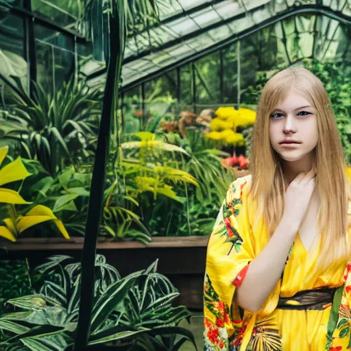 Image similar to photo portrait of the face of a young russian woman wearing a yellow kimono in a tropical greenhouse