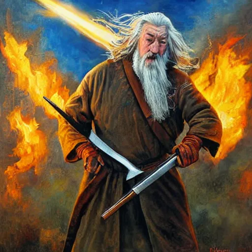 Image similar to gandalf firing a shotgun in battle, oil painting, war photo, anger, fire, dramatic, very detailed, 4k, by Jeffrey Smith and Erin Hanson and Chad Knight