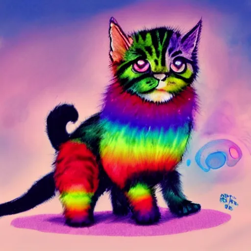 Image similar to wide angle full body, jacket wearing fluffy cute rainbow kitten wearing a black leather motorcycle jacket, concept art