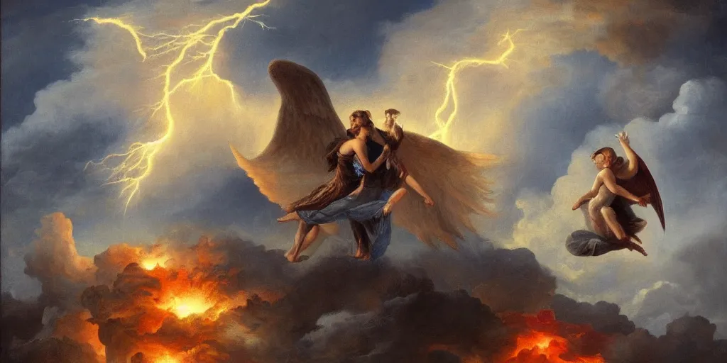 Prompt: young couple falling through clouds, winged angel & demon with tail. background clouds, illuminated by lightning and fire