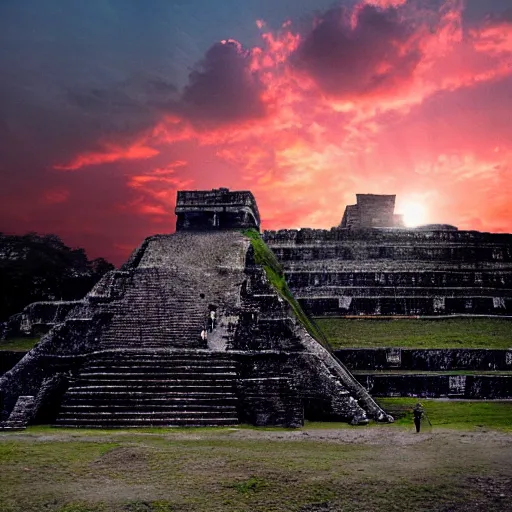 Prompt: sunset over the ruins of the Mayan pyramids, epic, high contrast, artstation, concept art, sharp focus, landscape