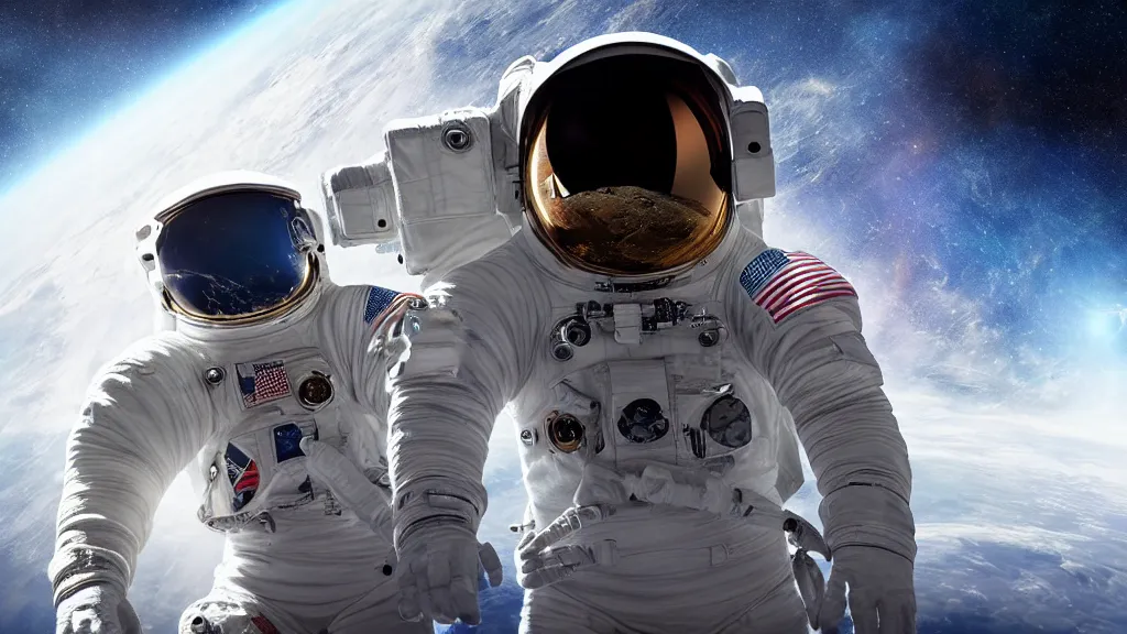 Prompt: An astronaut in space facing the camera while the expanse of space reflects off of their visor, photorealistic digital art, high detail,