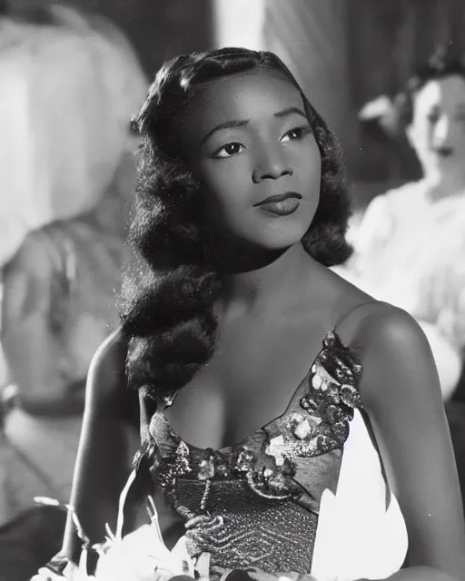 Prompt: the image is a lost hollywood film still 1 9 4 0 s photograph of a black woman with ebony skin, long hair, and silver - colored eyes attending a wedding banquet, and she stands out from the other guests with her exquisite attire and poise. vibrant cinematography, anamorphic lenses, crisp, detailed image in 4 k resolution.