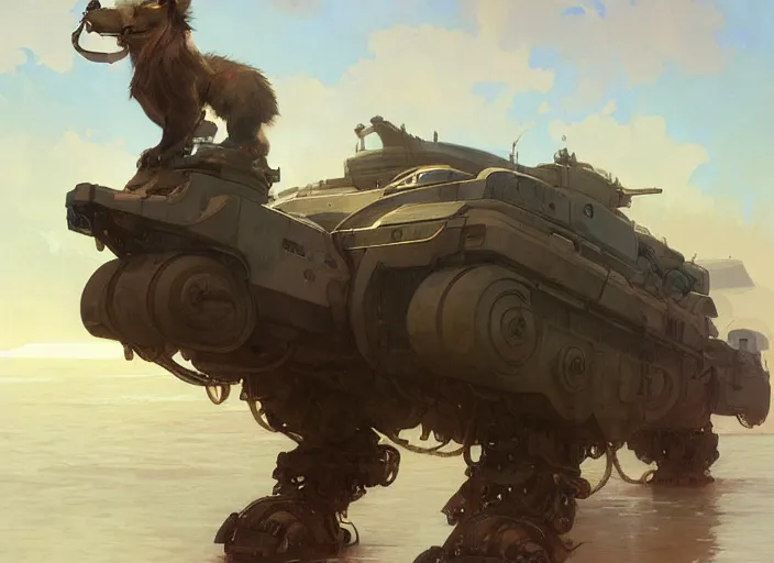 Image similar to a giant tank in the format of a bear with a giant cannon in his back, exoskeleton, technology, elegant, highly detailed, digital painting, artstation, concept art, smooth, sharp focus, illustration, art by krenz cushart and artem, demura and alphonse mucha