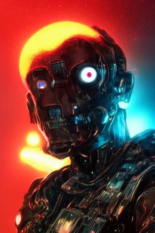 Image similar to head and shoulders render of man black leather jacket mid distance cyberpunk face ((single_glowing_red_eye red_emissives!)) android face mecha, inhuman creepy intimidating, exposed cable bundles black thick Tom Bagshaw and Greg Rutkowski and Alphonse Mucha Bladerunner 2049 screenshot artstation UE5 2066 trending 165mm