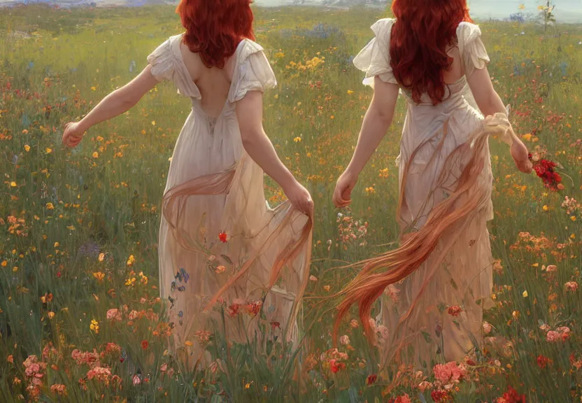 Image similar to a woman seen from behind from far away with copper hair and a flowing sundress surrounded by wildflowers, fine details by realistic shaded lighting poster by ilya kuvshinov katsuhiro otomo, magali villeneuve, artgerm, jeremy lipkin and michael garmash and rob rey, art nouveau, alphonse mucha, william - adolphe bouguereau, golden hour