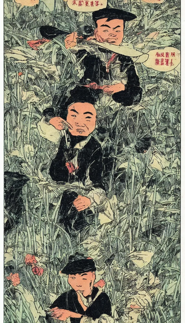 Image similar to comic book page of a chinese farmer with a rice hat