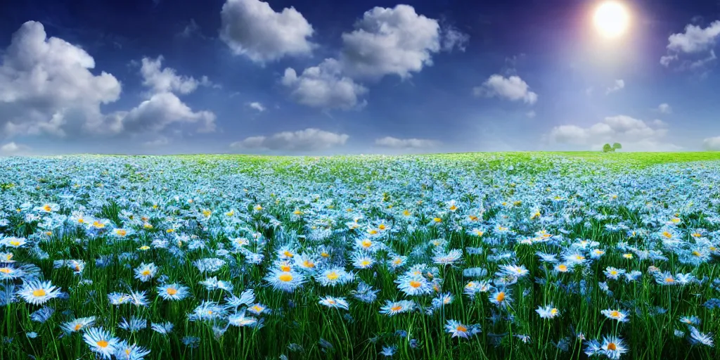 Prompt: field of light - blue daisies, white sky in background, matte painting