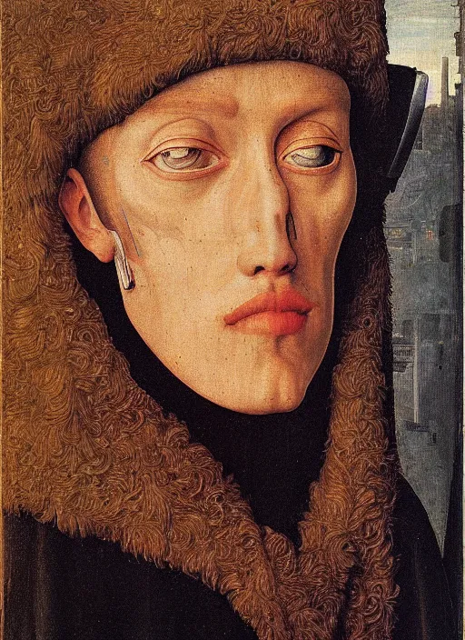 Prompt: a portrait of a cyborg by Jan van Eyck