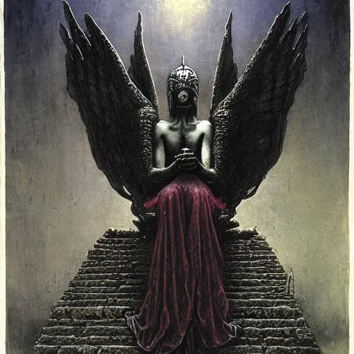 Prompt: fallen angel sitting on a throne in a dark temple, beksinski, wayne barlowe, adrian smith fantasy art, hr giger