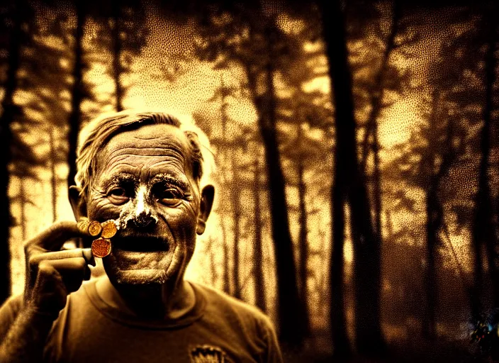 Image similar to old retro burnt out sepia photograph with scratches of an old and wrinkled man biting into a golden coin with his teeth. magical forest in the background with bokeh. Antique. High quality 8k. Intricate. Sony a7r iv 35mm. Award winning.