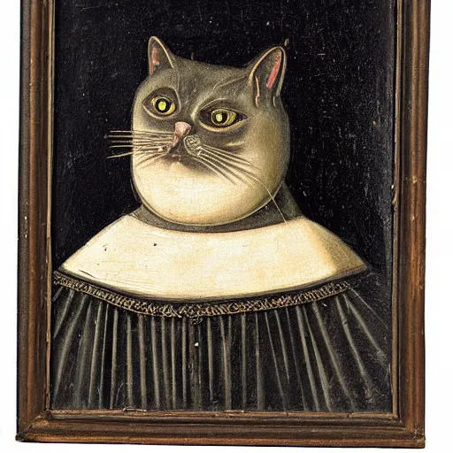 Prompt: medieval oil painting of a fat black cat wearing a ruff