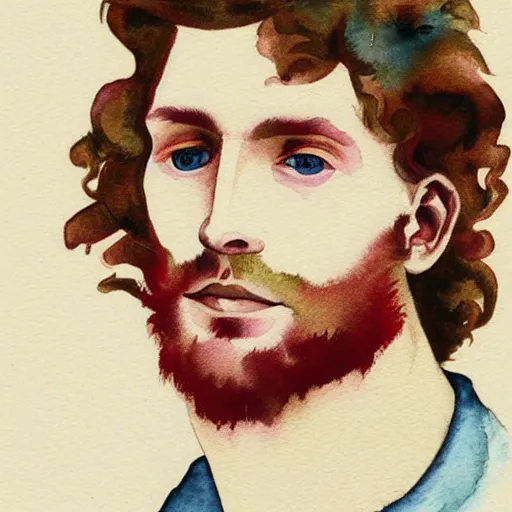 Image similar to abstract experimental watercolor drawing of a young cute handsome beautiful androgynous strawberry blond medium curly hair man in his early 2 0 s wearing a blank maroon t - shirt with grey - blue eyes, by elizabeth peyton and alphonse mucha and vincent van gogh, trending on artstation