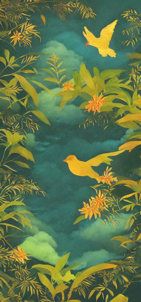 Image similar to birds in the cloud forest. gouache and gold leaf work by the award - winning mangaka, bloom, chiaroscuro, backlighting, depth of field.