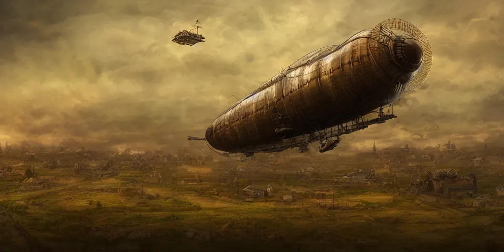 Image similar to steampunk airship hovering over fields and small houses, science fiction digital art, award winning, trending on artstation, digital art. highly detailed 8 k. intricate. lifelike.